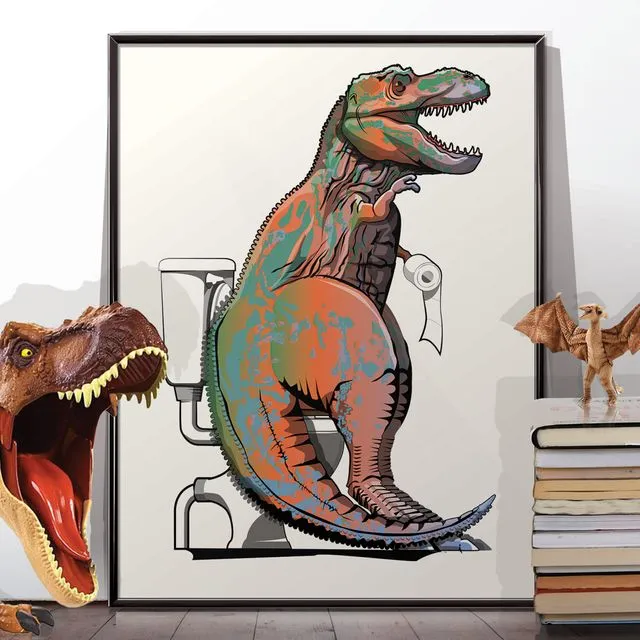 Dinosaur T-rex on the Toilet, funny bathroom print