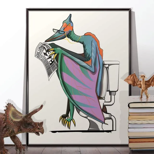 Dinosaur Pterodactyl on the Toilet, funny bathroom print
