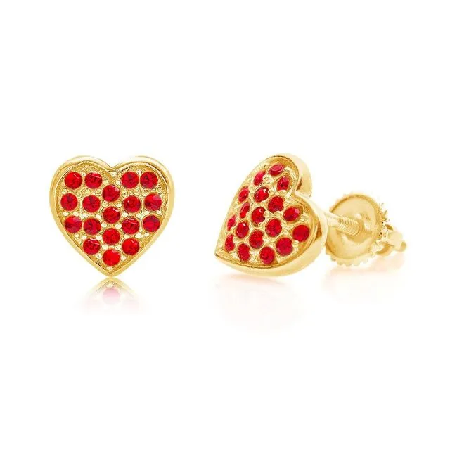 Yellow Gold Heart Screwback Earring with Red Stones