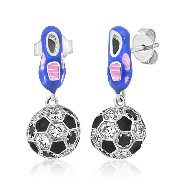 Drop Earrings - Blue Soccer Shoes and black Soccer Ball