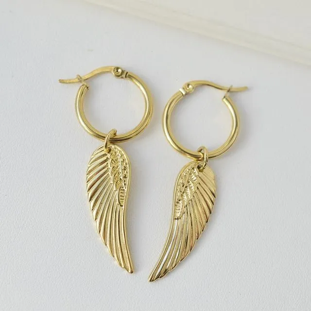 Wing earrings, hoop wings earrings, dangle wings earrings, white gold wings earrings, unique earrings