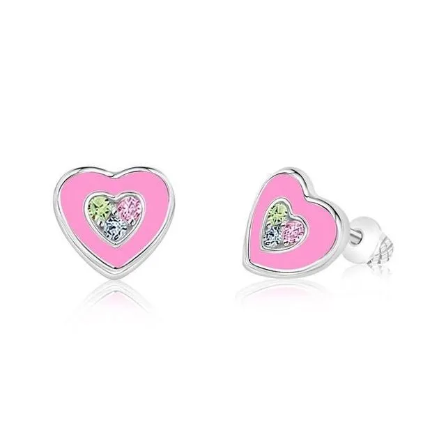 Pink Heart with Multi-color Stone Screwback Stud Earrings