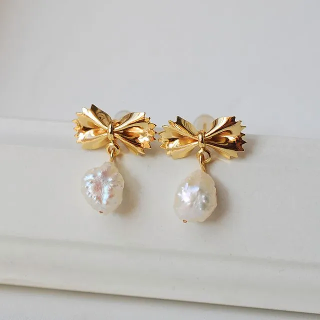 Bowknot stud earrings, 18k gold plated farfalle pearls studs