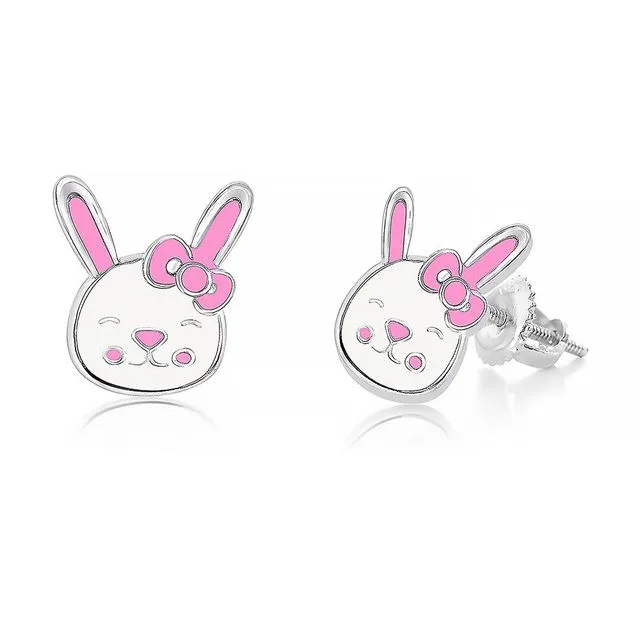 Enamel Pink and White Bunny Screwback Earrings