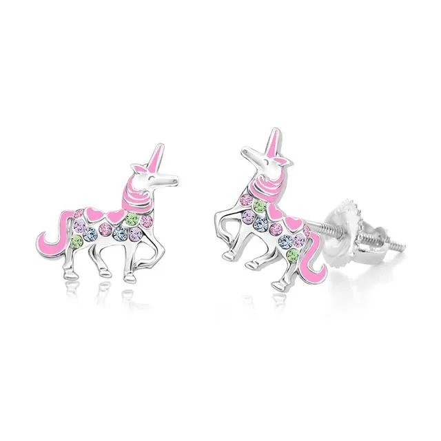 Pink Unicorn with Multi Crystals Screwback Earrings