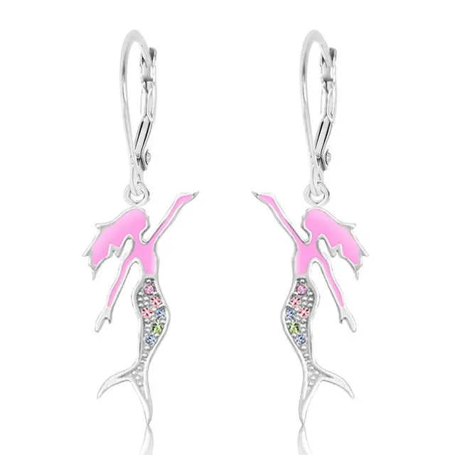Crystal Pink Enamel Mermaid Leverback Earrings