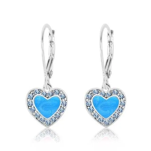 Crystal Enamel Heart Leverback Earring Blue