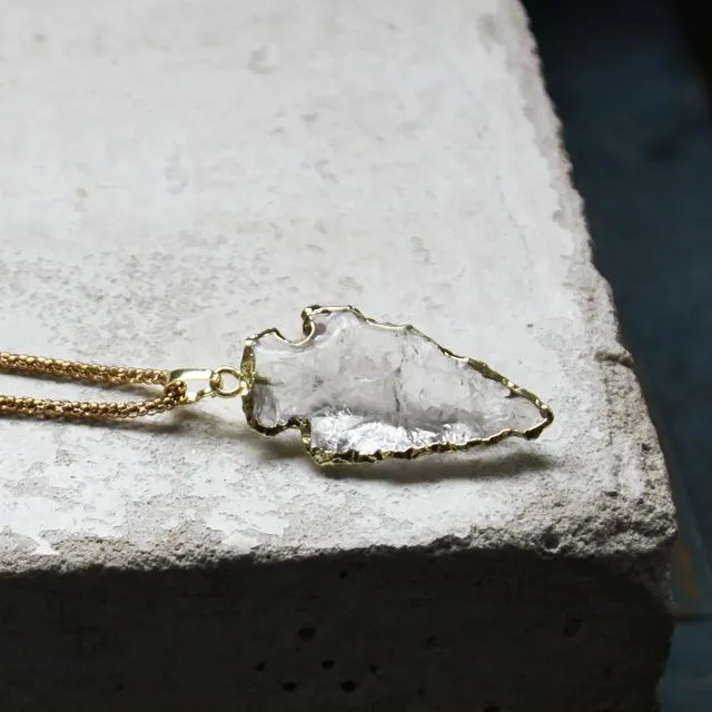 Arrowhead Clear Quartz Crystal Gold Necklace.