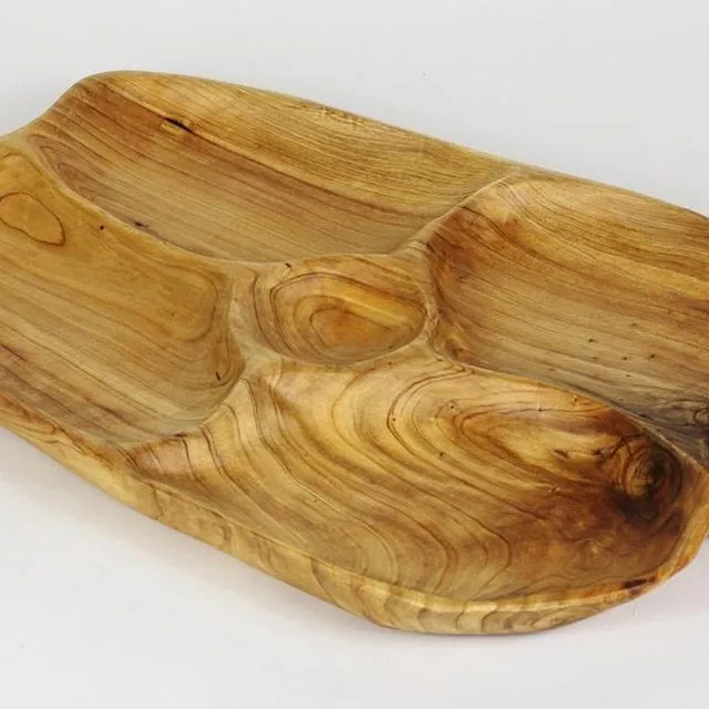 Hand-Crafted Root Wood Live Edge Divided Platter with dip cup (17-19" x 2")