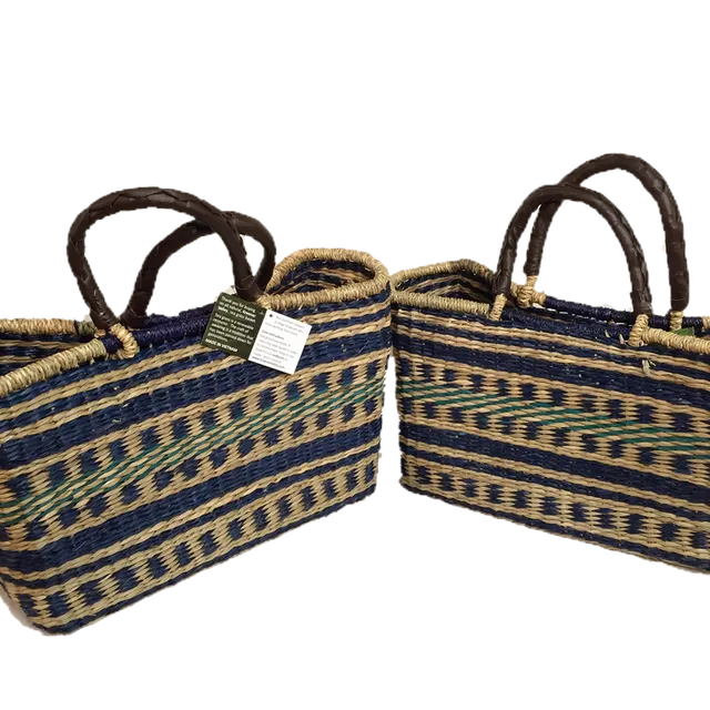 Handwoven Seagrass Reusable Shopping Bag for Grocery, Gardening, Picnics and More (pattern 11640: blue/green) Set of 2