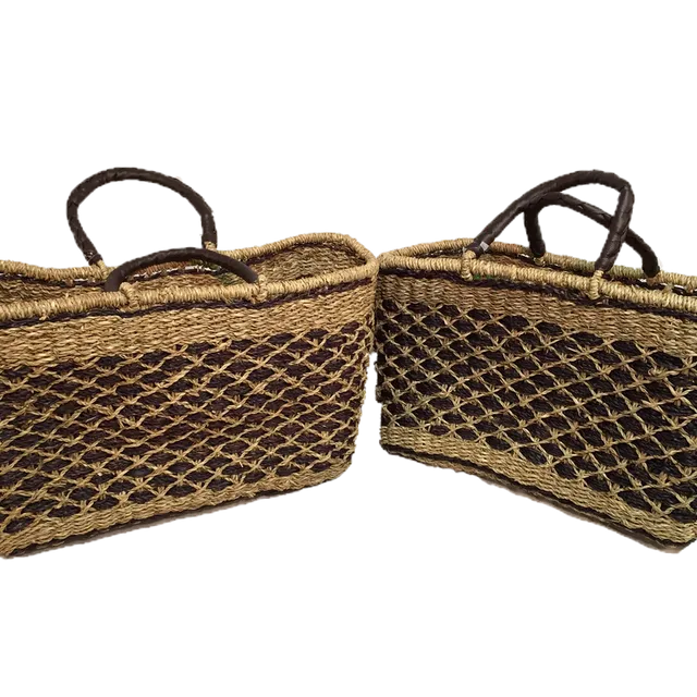 Handwoven Seagrass Reusable Shopping Bag for Grocery, Gardening, Picnics and More (diamonds 11660B: natural on black) Set of 2