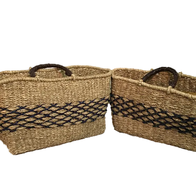 Handwoven Seagrass Reusable Shopping Bag for Grocery, Gardening, Picnics and More (11661A: natural with blue diamonds) Set of 2