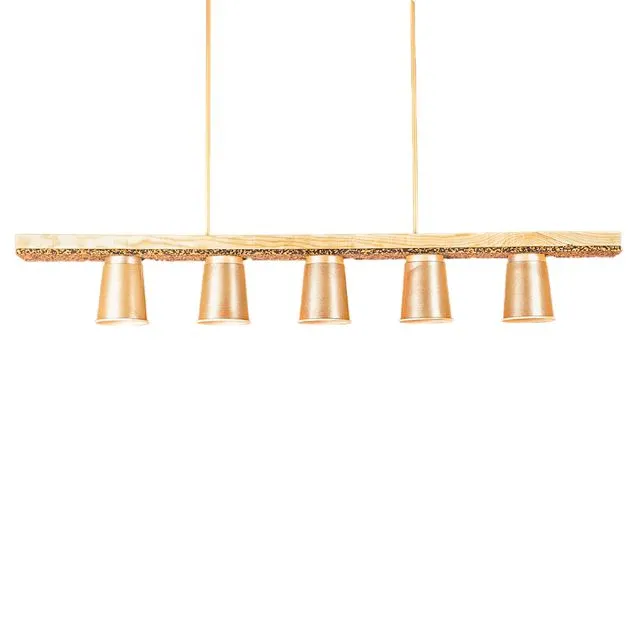 Hanging lamp with 5 golden lamps - Cork and wood - "The 5 golden cups