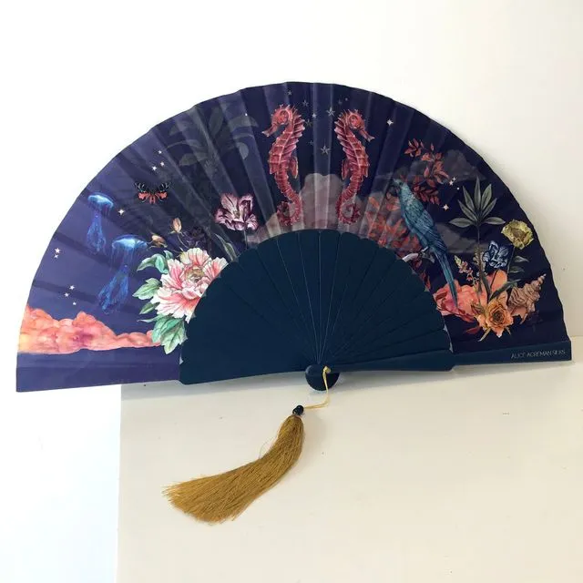 Wonderous Silk Fan with luxurious Gold tassel, part of the Mysa Collection - Seahorses