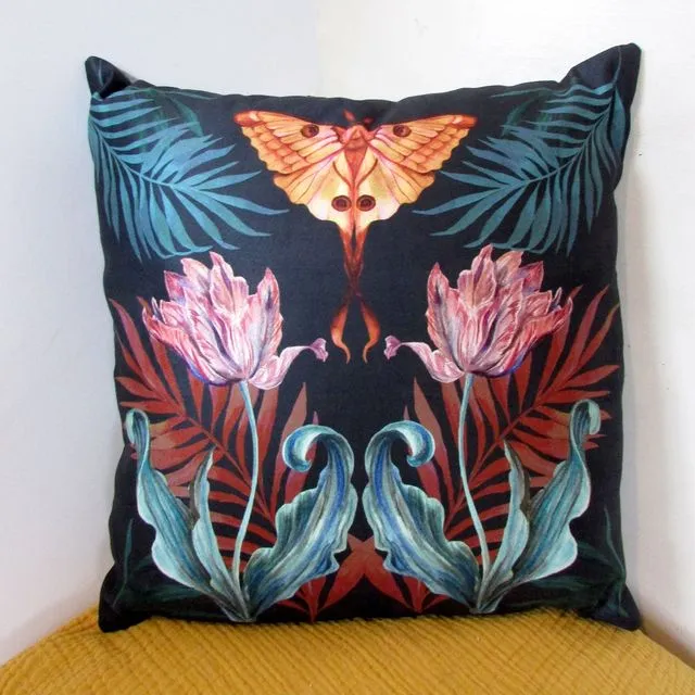Vegan Suede Cushion 'Flutter' in Indigo with tulip and Moon Moth illustration