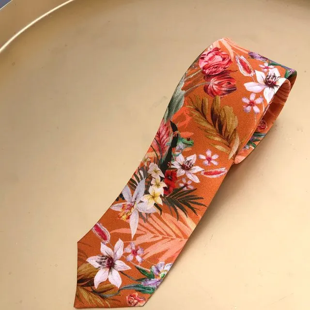 Rust coloured Silk Tie, 'Eden' tropical meadow print