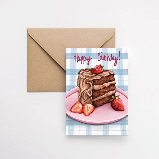 Birthday celebration chocolate cake A6 greeting card with brown kraft envelope