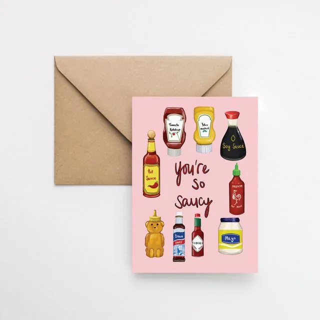 You're saucy mayo ketchup themed love valentines A6 greeting card
