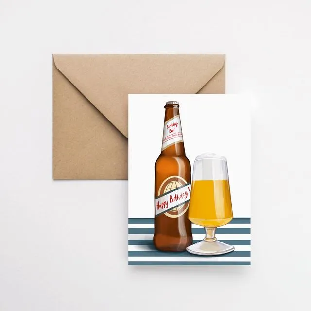 Birthday beer - lager ale themed A6 greeting card with brown Kraft envelope