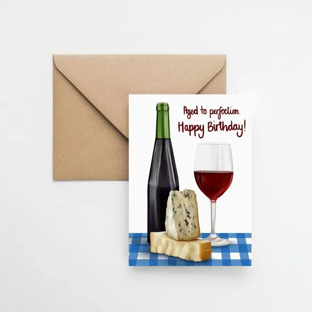 Birthday cheese and wine themed A6 greeting card with brown Kraft envelope