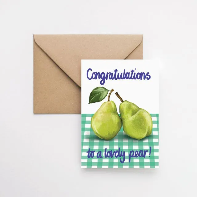 Congratulations to a lovely pear - wedding, engagement, new home A6 greeting card with brown Kraft envelope
