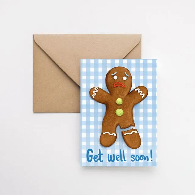 Get well soon - gingerbread man A6 greeting card with brown Kraft envelope