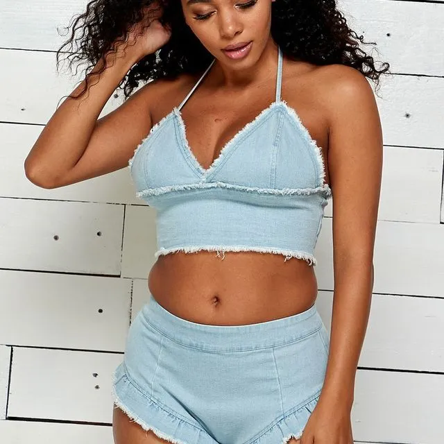 MPT1527 - SEXY DENIM RUFFLED SHORTS WITH DENIM BRA TOP Packaged 2-2-2 (SML)