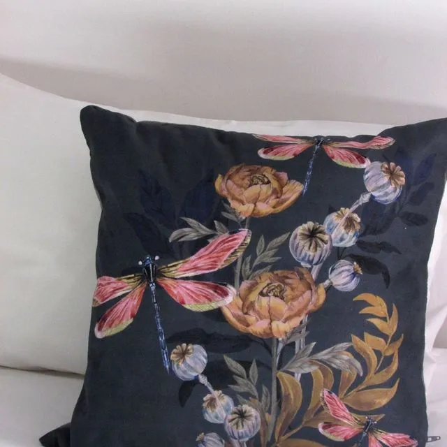 Navy blue 'Dragonfly' Cushion with poppy seed heads, made from Vegan Suede