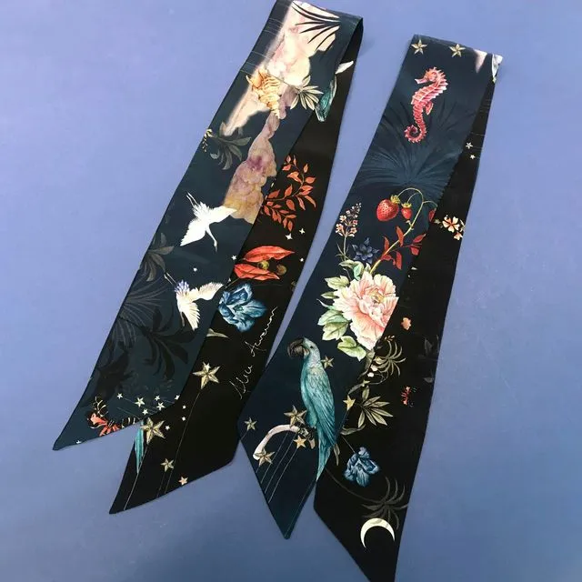 Navy 'Skinny' Silk scarf in the botanical 'Wonderous' Print, delicate, lightweight scarf accessory