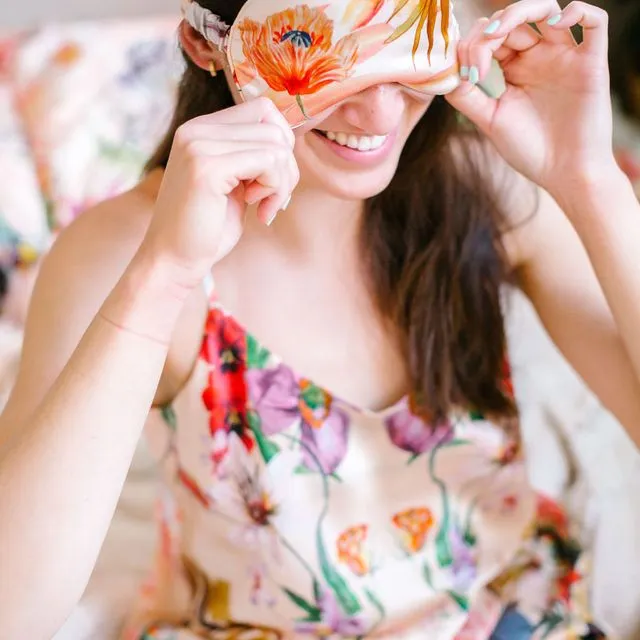 Luxury Silk Satin eye mask with botanical designs, from the Mysa selfcare collection - Poppy
