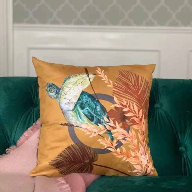 Golden Yellow cushion 'Glide' Vegan friendly Suede cushion with watercolour turtle design