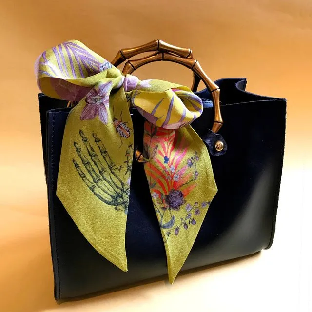 Golden Yellow 'Skinny' Silk scarf in the botanical 'Enticement' Print, delicate, lightweight scarf accessory