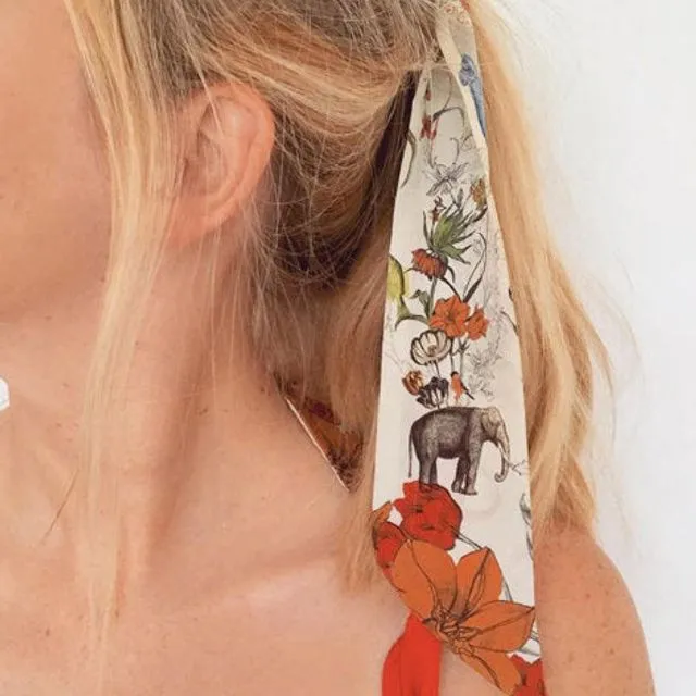 Cream 'Skinny' Silk scarf in the botanical 'Evolution' Print, delicate, lightweight Twilly style scarf accessory
