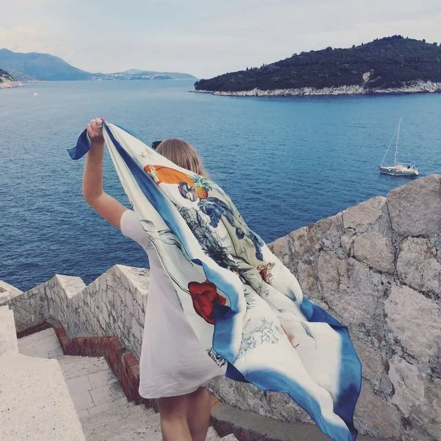 Blue 'Crustacean Silk' Silk Scarf, large square Silk Scarf with crab and tulip design from the Evolution Collection