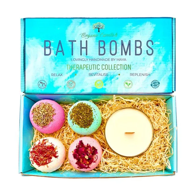 Therapeutic Bath Bomb Gift Set with Coconut &amp; Monoi Scented Candle and Wood Wick