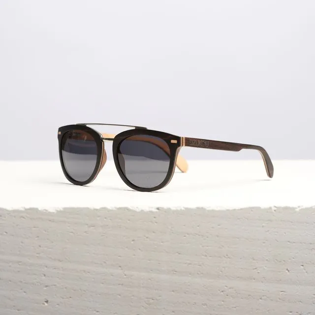 Dzukou Fission - Wooden Sunglasses Unisex - Polarizing Sunglasses - Bamboo Wood Frame with Metal - UV400 - Gray Lens