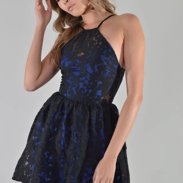 Lovemystyle Blue Skater Dress With Floral Lace Detailing