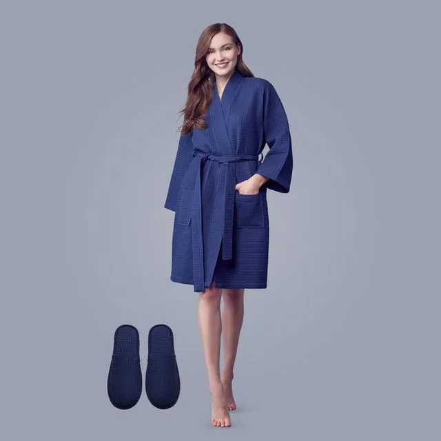 Women's Waffle Bathrobe - MAIDEN - Kimono Knee Length Robe for Women (Navy)