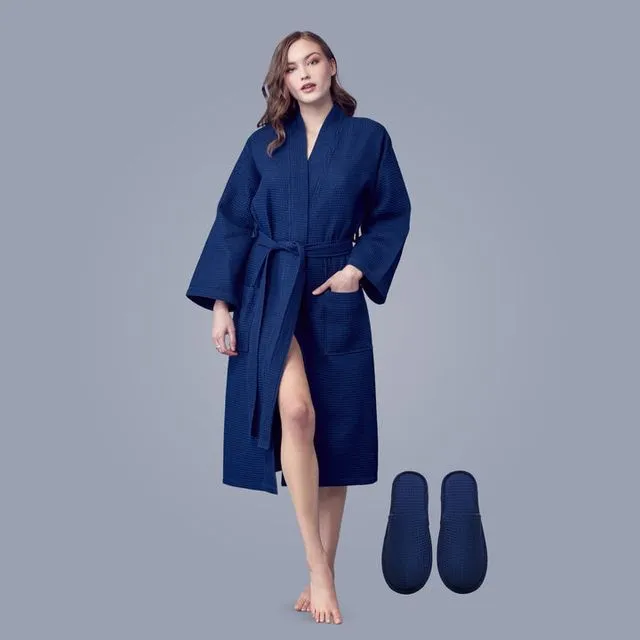 Lightweight Cotton Waffle Robe for Women - (S-3XL) by Lotus Linen (Navy)
