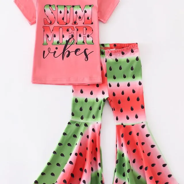 Girl Pink Watermelon Summer Vibes Bell Pants Set, Bell Bottom Girl Outfit, Kids Boutique Clothing