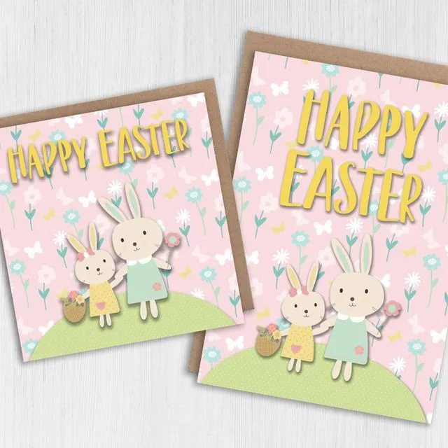 Easter card: Bunny rabbits on a hill (Size A6/A5/A4/Square 6x6")