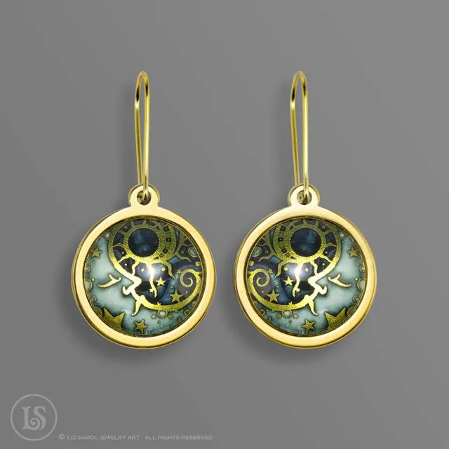Man in the Moon Gold-tone Earrings, Glass and Stainless