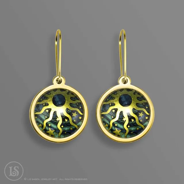 Celestial Sun Gold-tone Earrings, Glass and Stainless