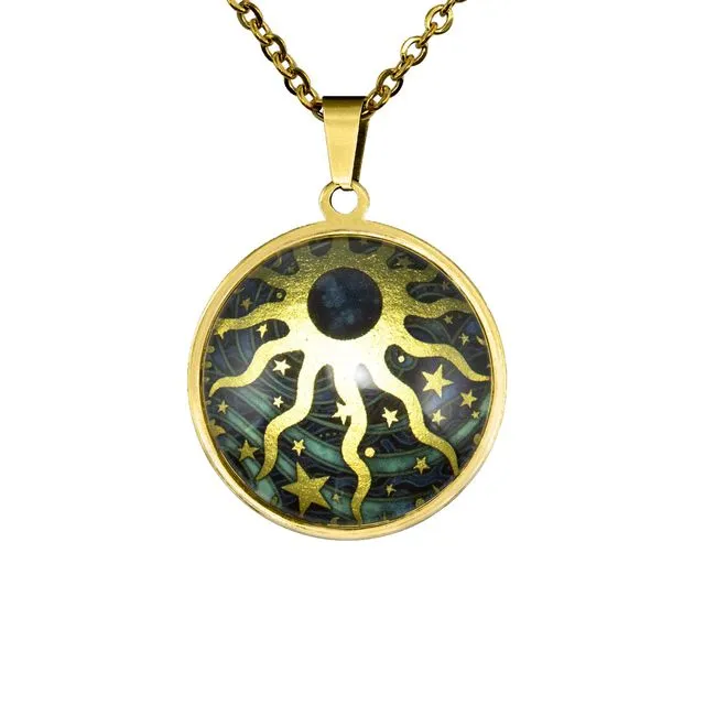 Celestial Sun Gold-tone Pendant, Glass and Stainless