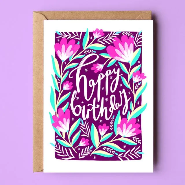Happy Birthday Purple Florals Recycled Card