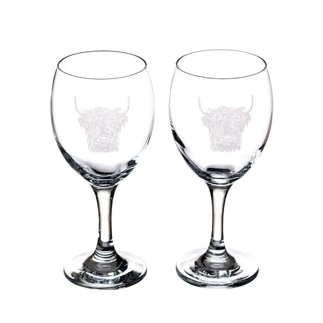 Set of 2 Highland Cow Engraved Style Wine/Water Glasses