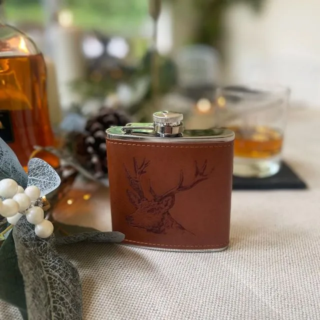 Stag Engraved Leather Wrapped Hipflask