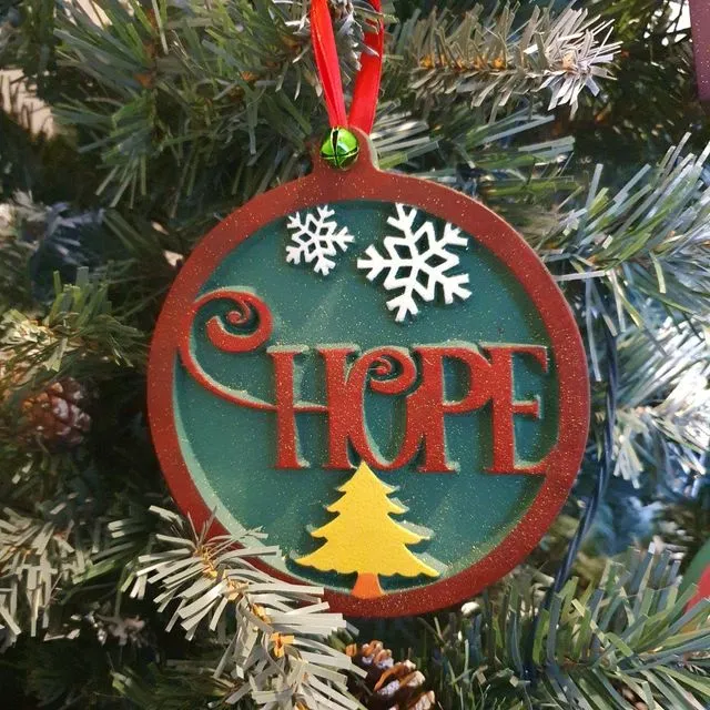 Hanging Christmas Tree Decoration, Wood Christmas Ornaments, Hope - Green