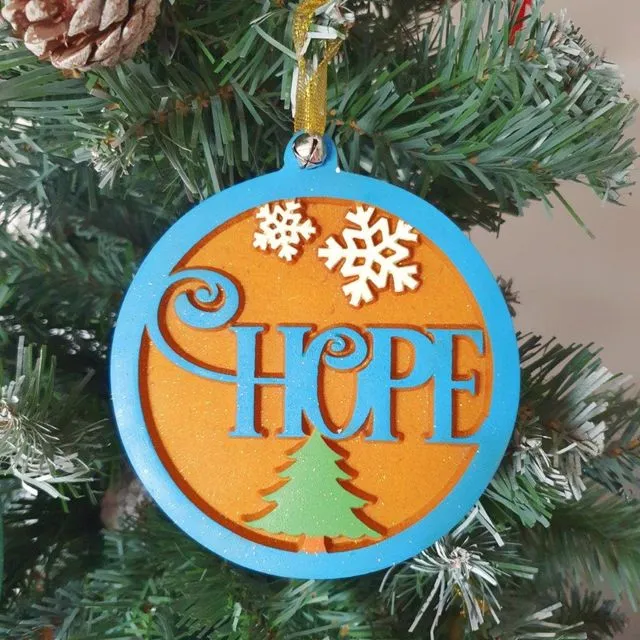Hanging Christmas Tree Decoration, Wood Christmas Ornaments, Hope - Yellow