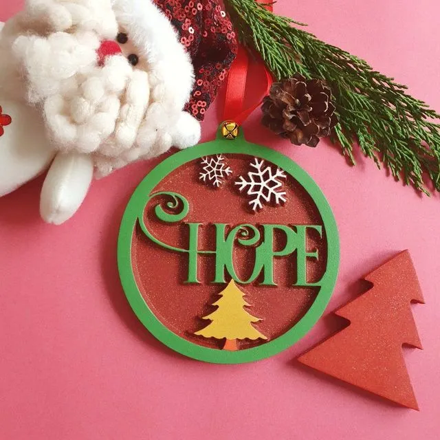 Hanging Christmas Tree Decoration, Wood Christmas Ornaments, Hope - Red
